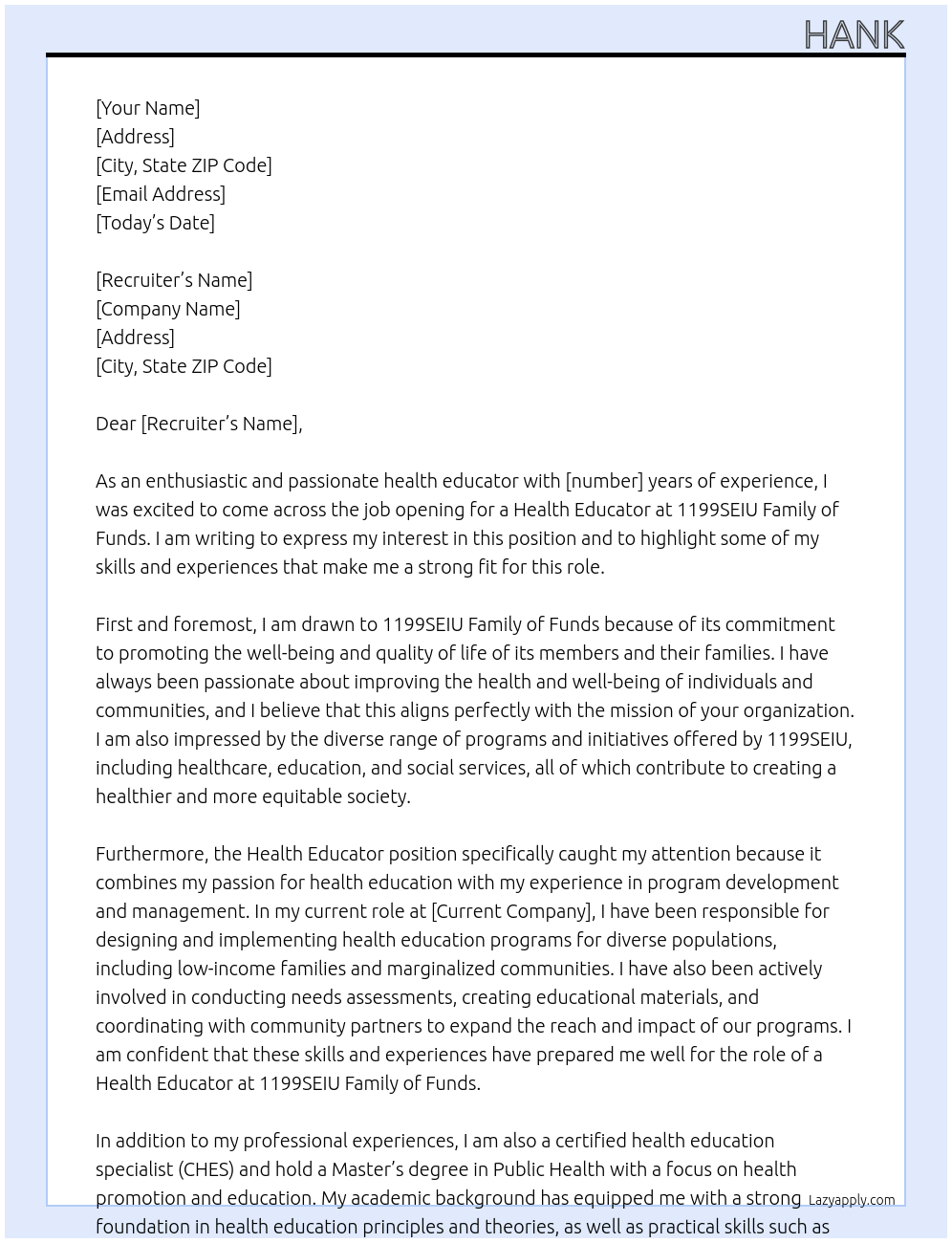Health Educator At 1199SEIU Family of Funds  Cover Letter