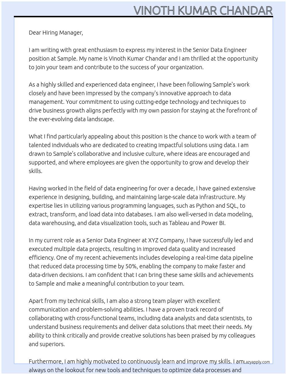 Senior Data Engineer At Sample Cover Letter