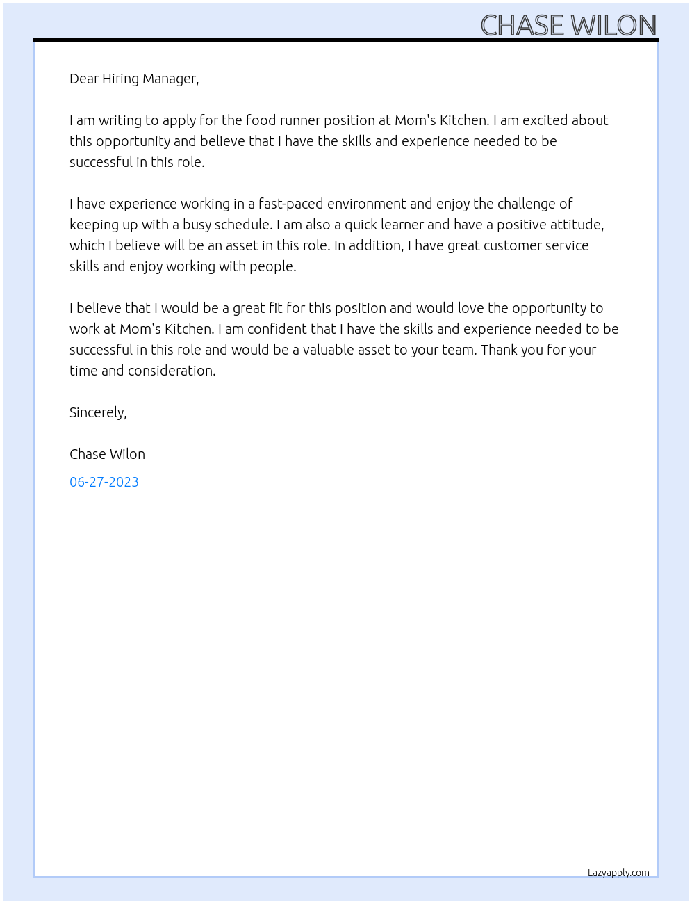 Food Runner At Mom's Kitchen Cover Letter