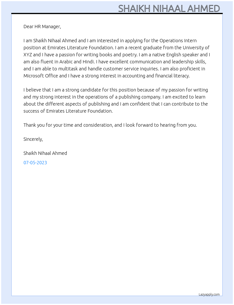 Operations Intern  At Emirates Literature Foundation  Cover Letter