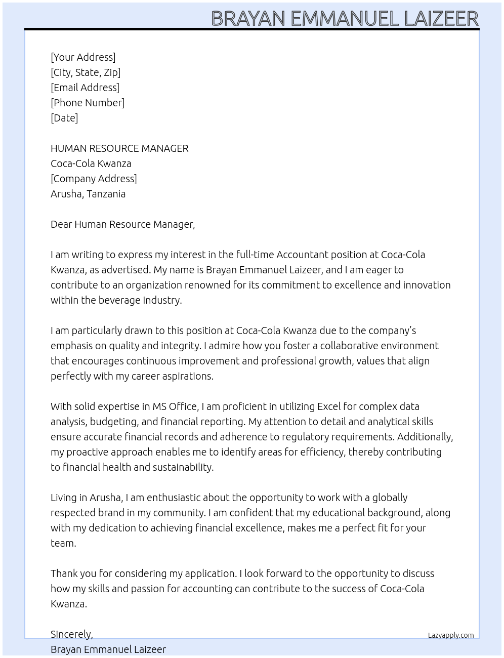 accountant At COCA - COLA KWANZA Cover Letter