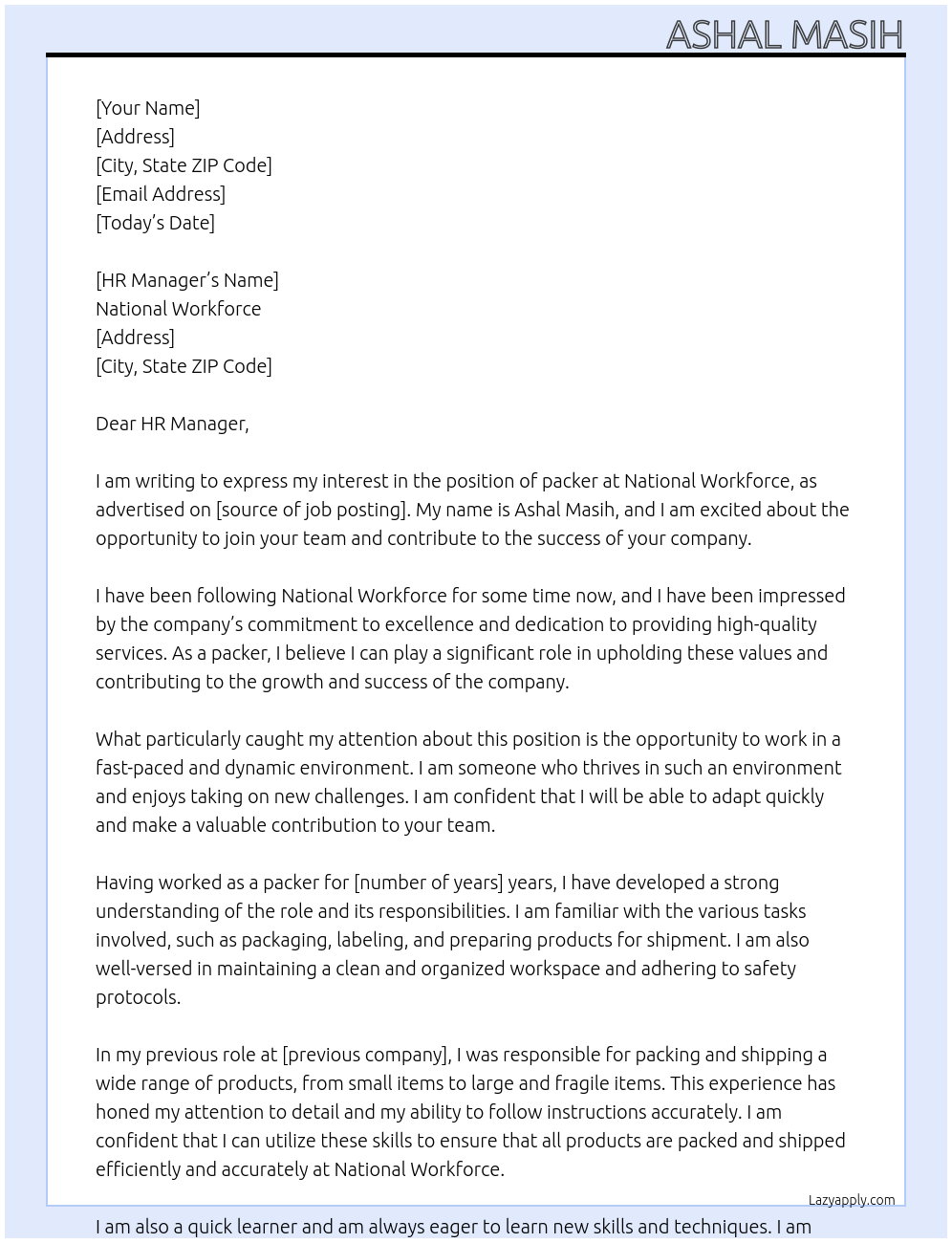 packer At National Workforce Cover Letter