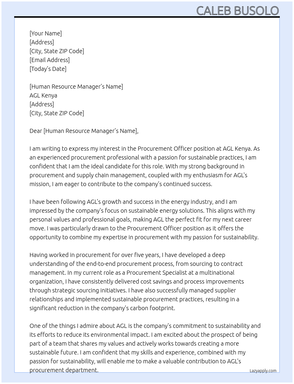 Procurement Officer At AGL Kenya Cover Letter