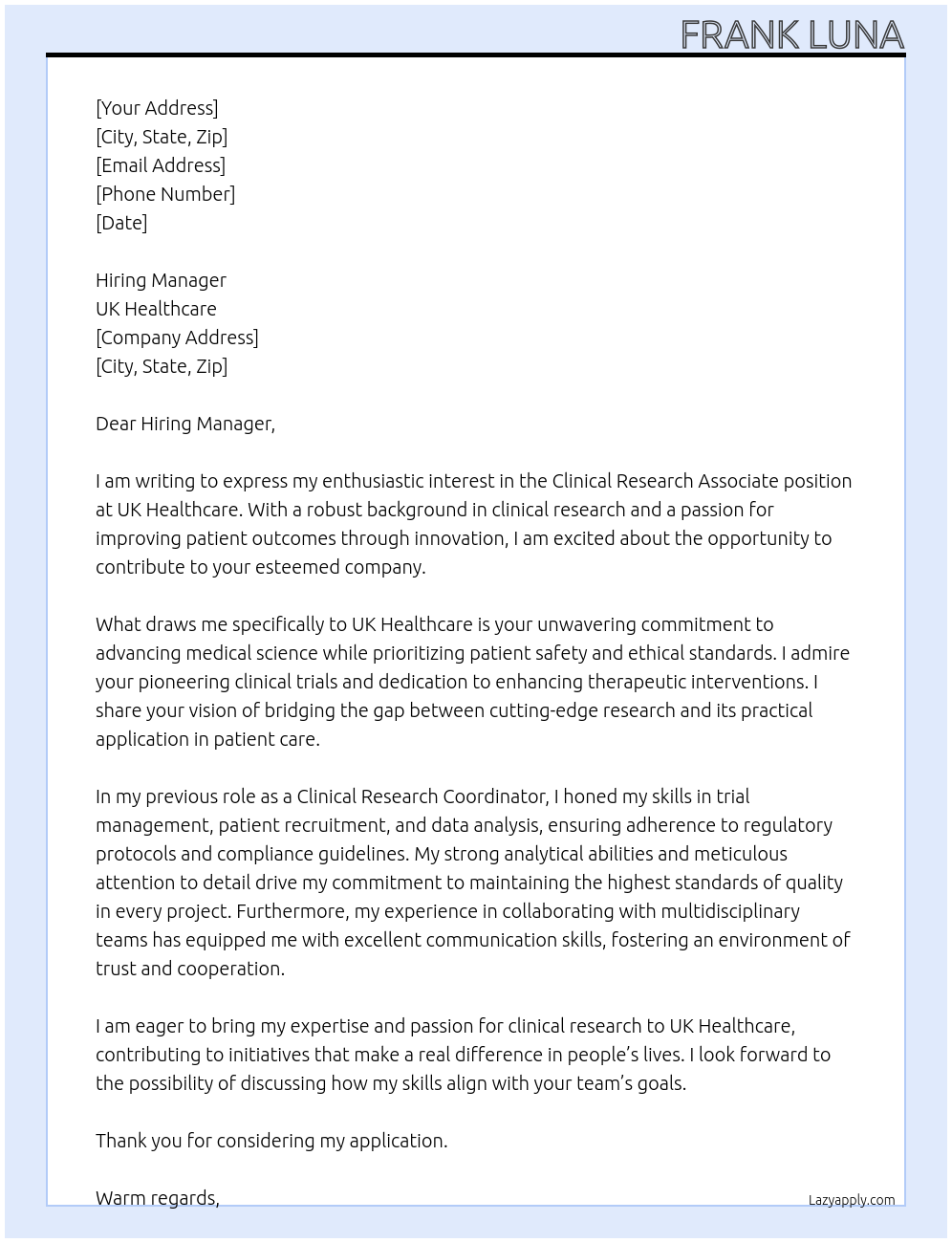 Clinical Research Associate  At UK Healthcare Cover Letter