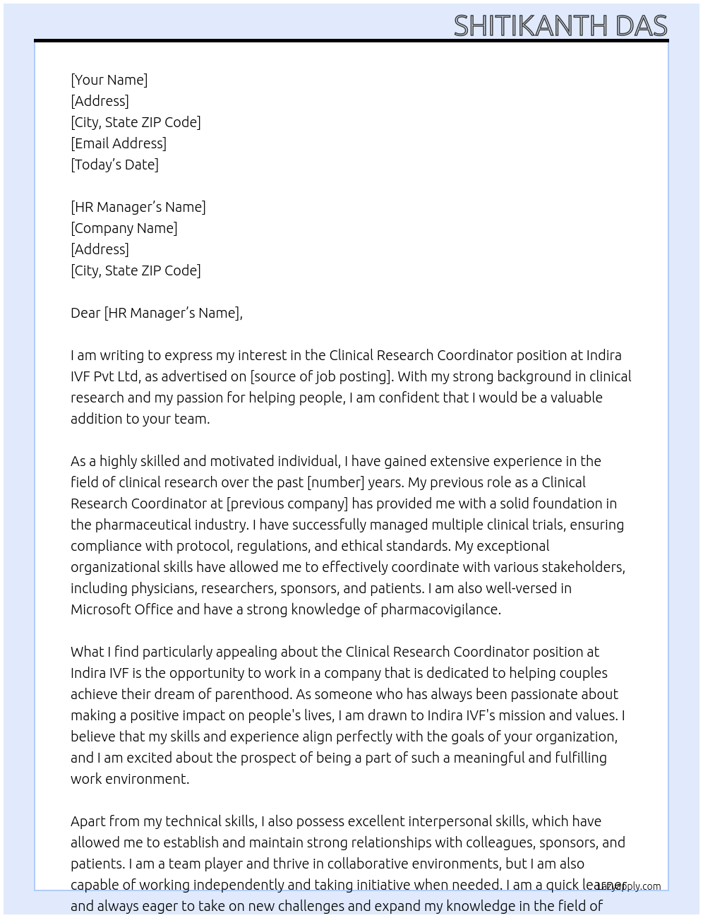 Clinical Research Coordinator At Indira IVF Pvt Ltd Cover Letter