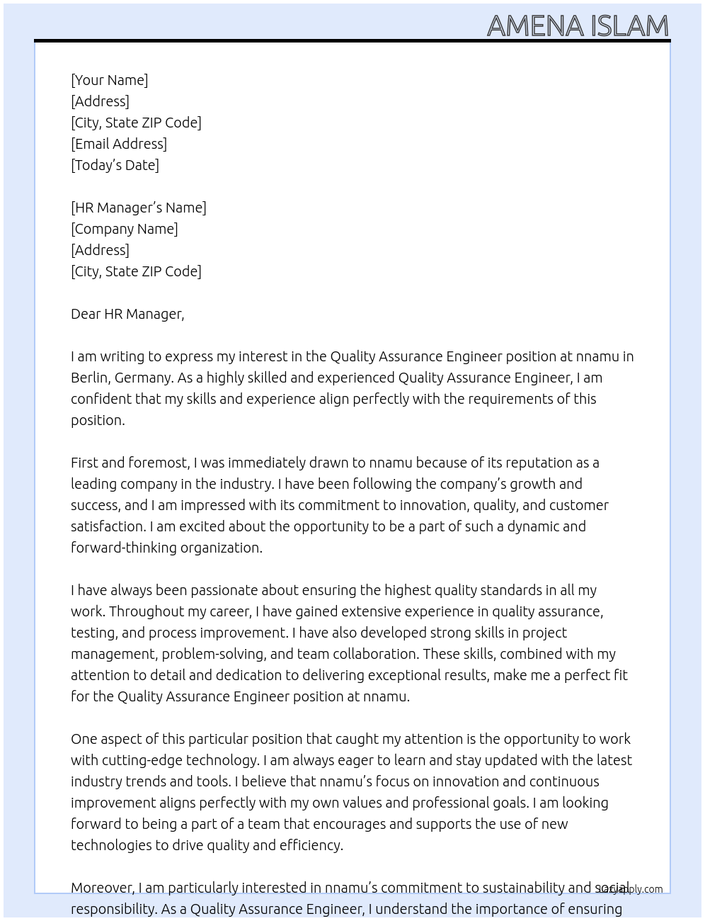 Quality Assurance Engineer  At nnamu Berlin, Germany Cover Letter