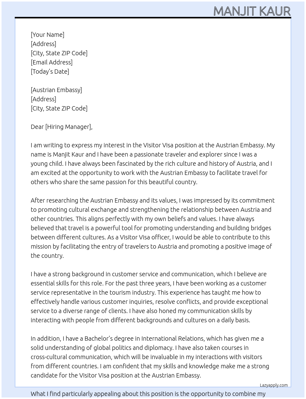 Visitor visa At AUSTRIAN EMBASSY Cover Letter