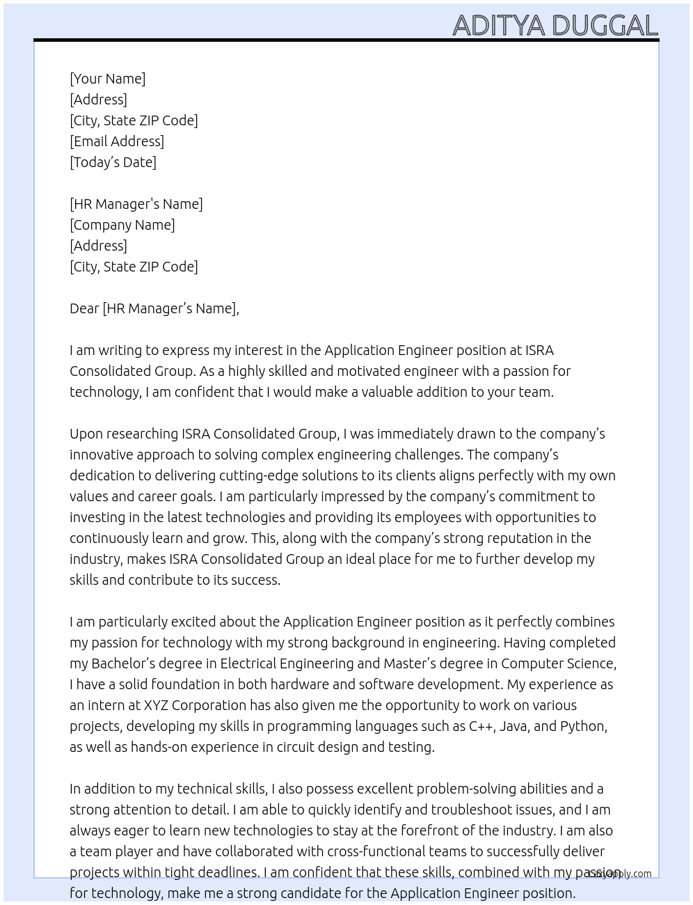 Application Engineer At ISRA Consolidated Group Cover Letter