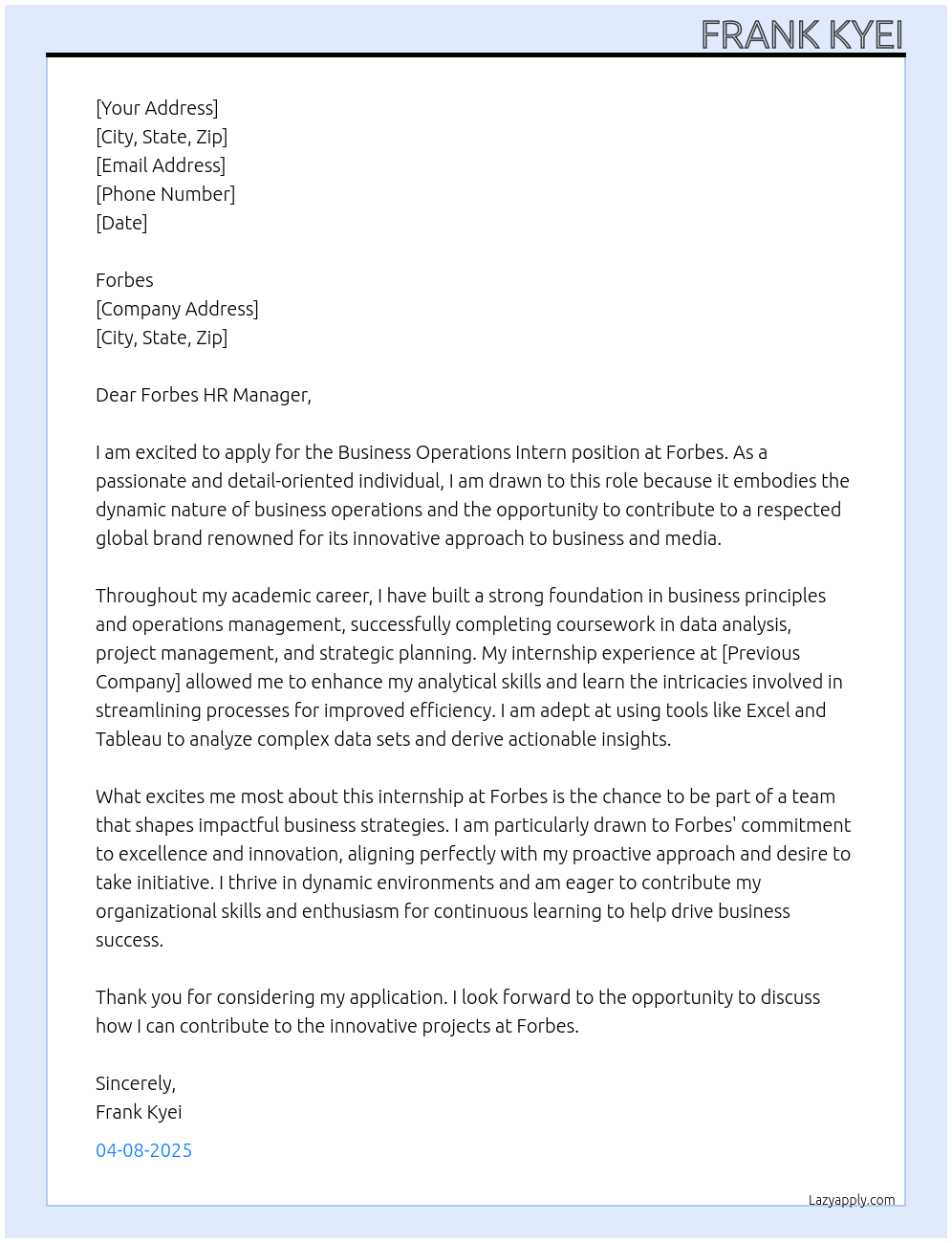 Cover letter for business operations intern - LazyApply