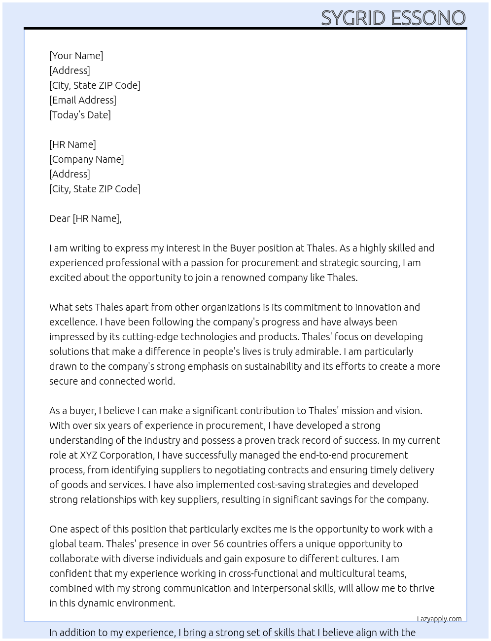 BUYER At Thales Cover Letter