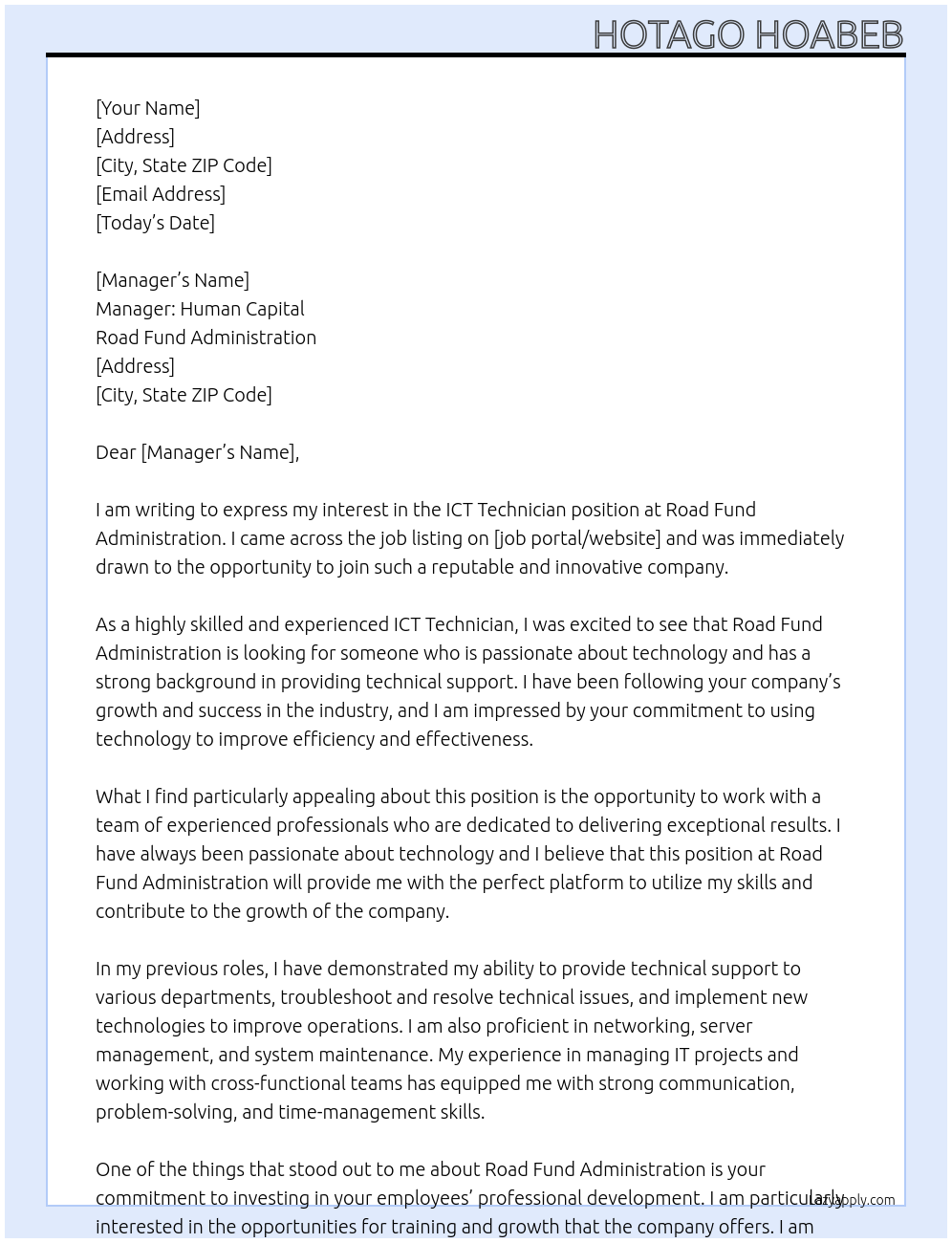 ICT Technician At Road Fund Administration Cover Letter