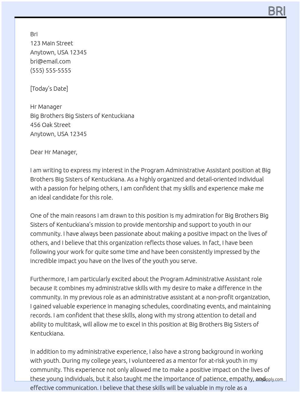 Program Administrative Assistant At Big Brothers Big Sisters of Kentuckiana Cover Letter