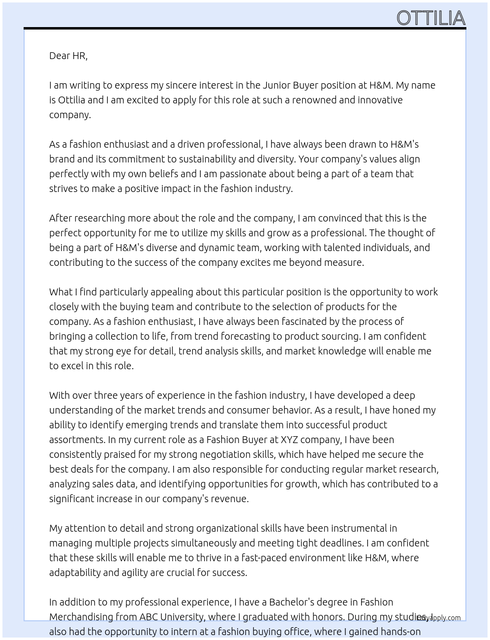 Junior buyer At H&M Cover Letter