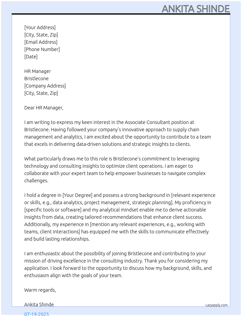 Cover letter for Associate consultant - LazyApply