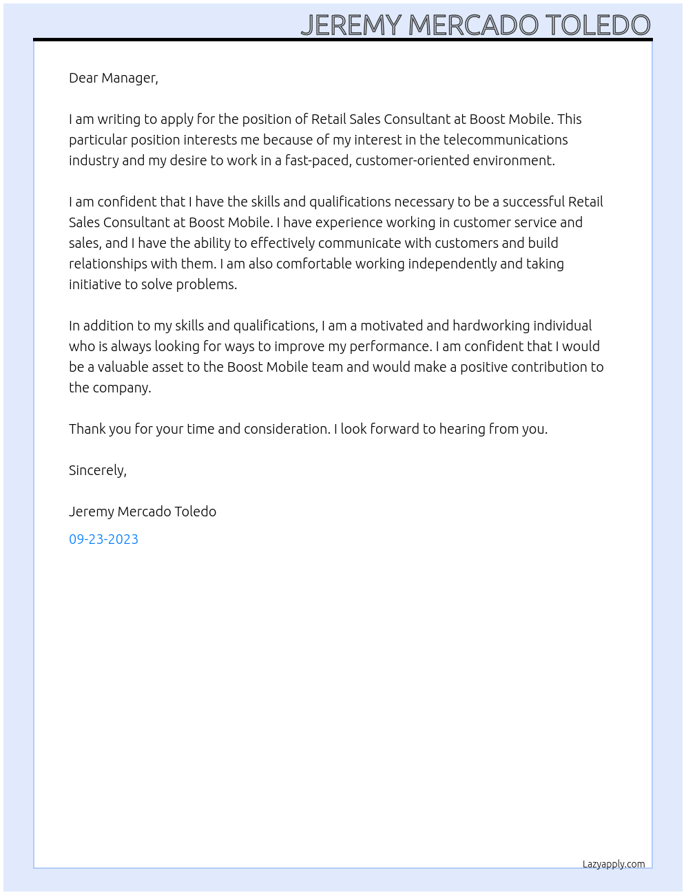 Retail Sales Consultant At boost mobile Cover Letter