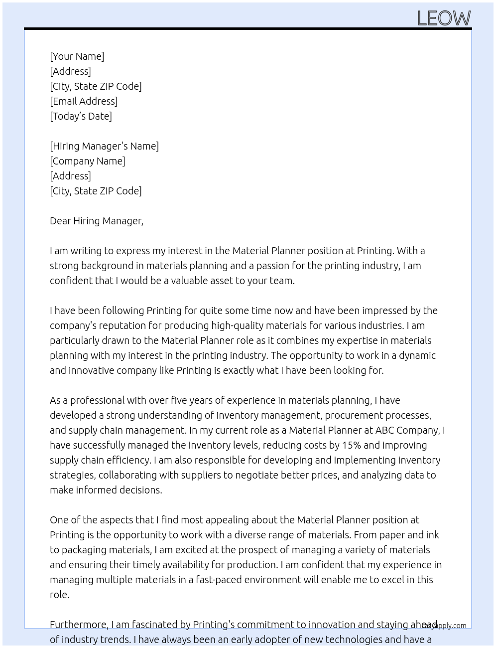 Material planner At Printing Cover Letter