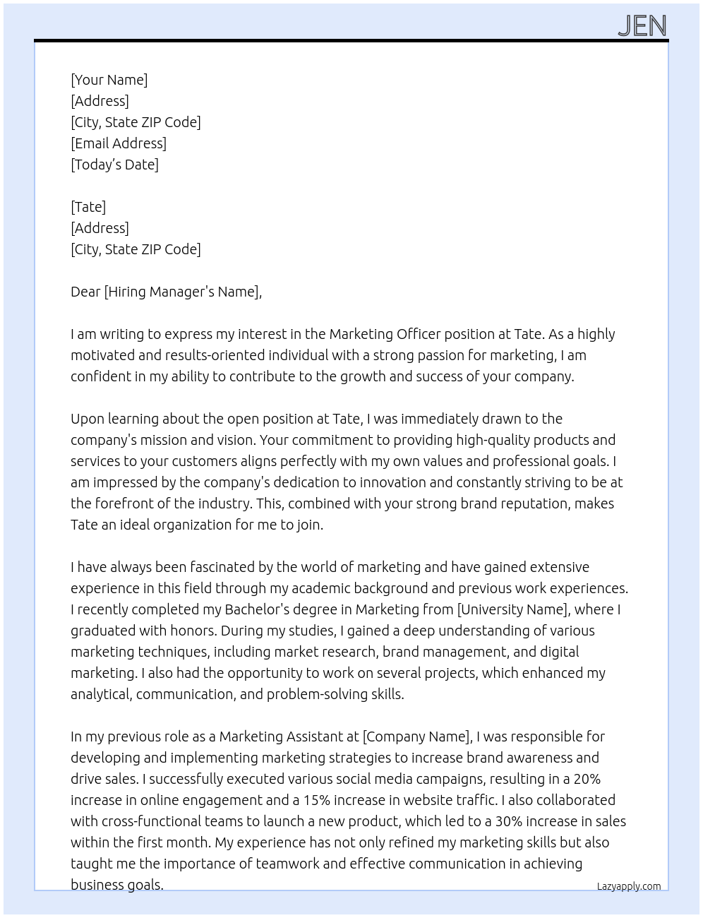 marketing officer At tate Cover Letter