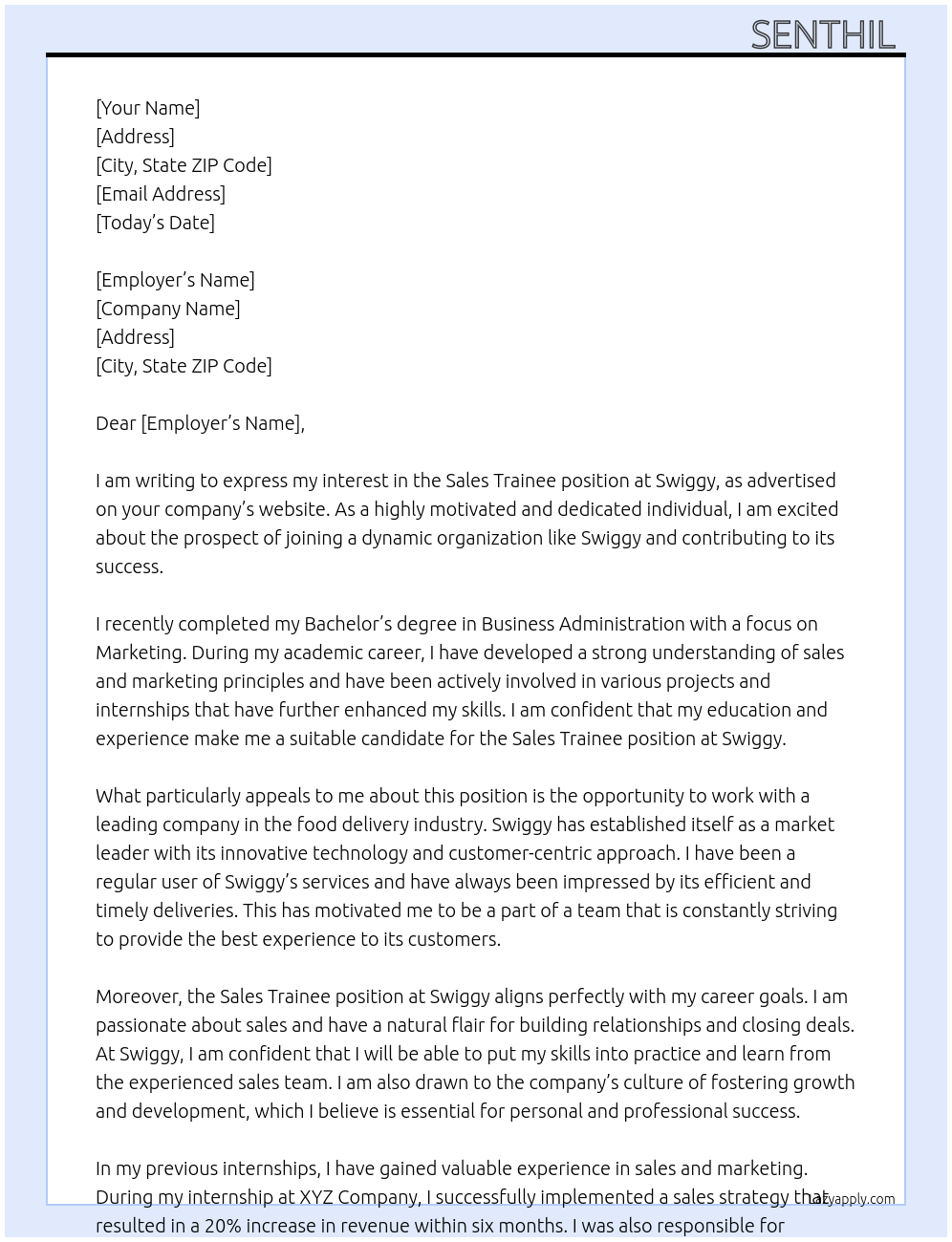 Sales trainee At Swiggy Cover Letter