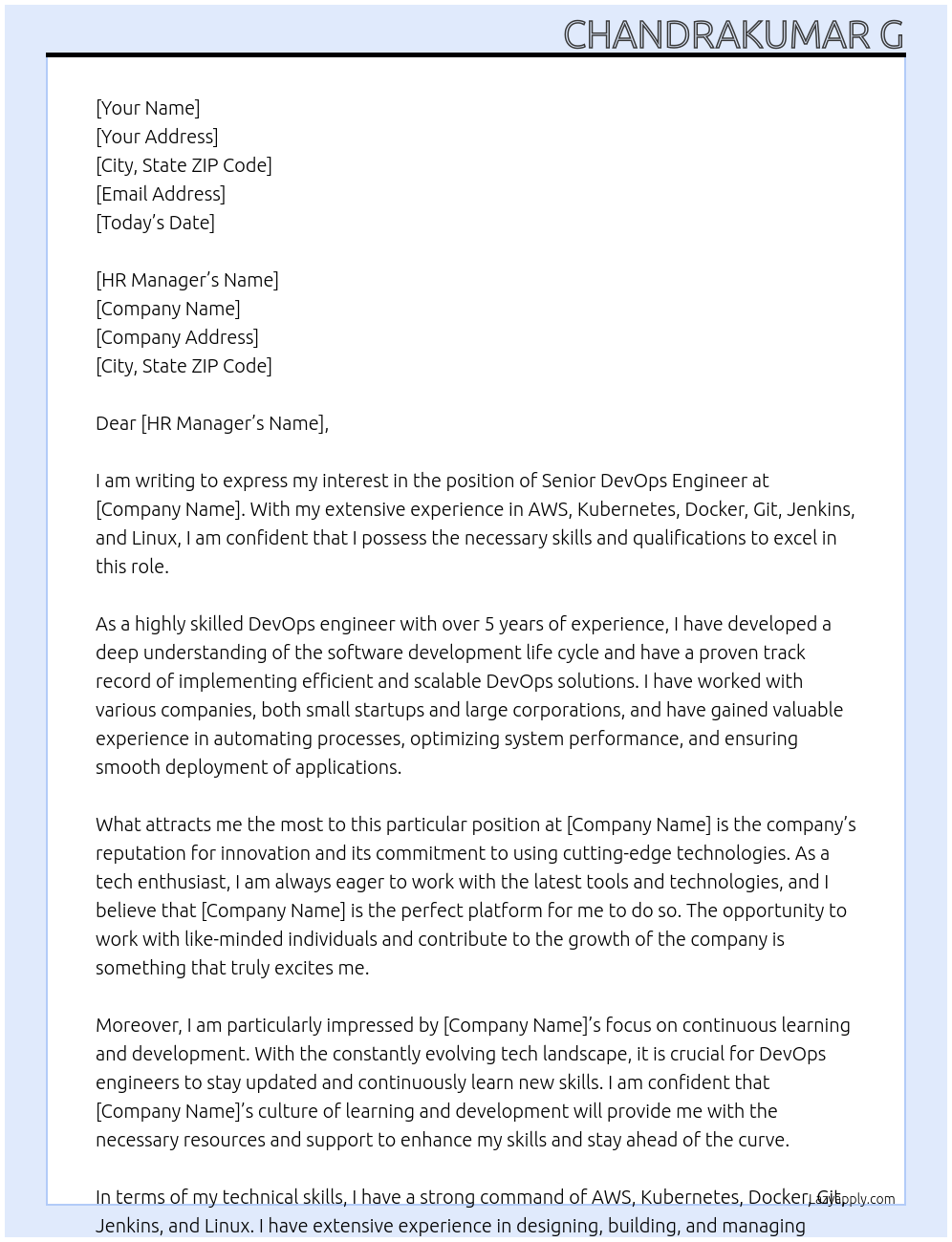 senior devops engineer At All Cover Letter