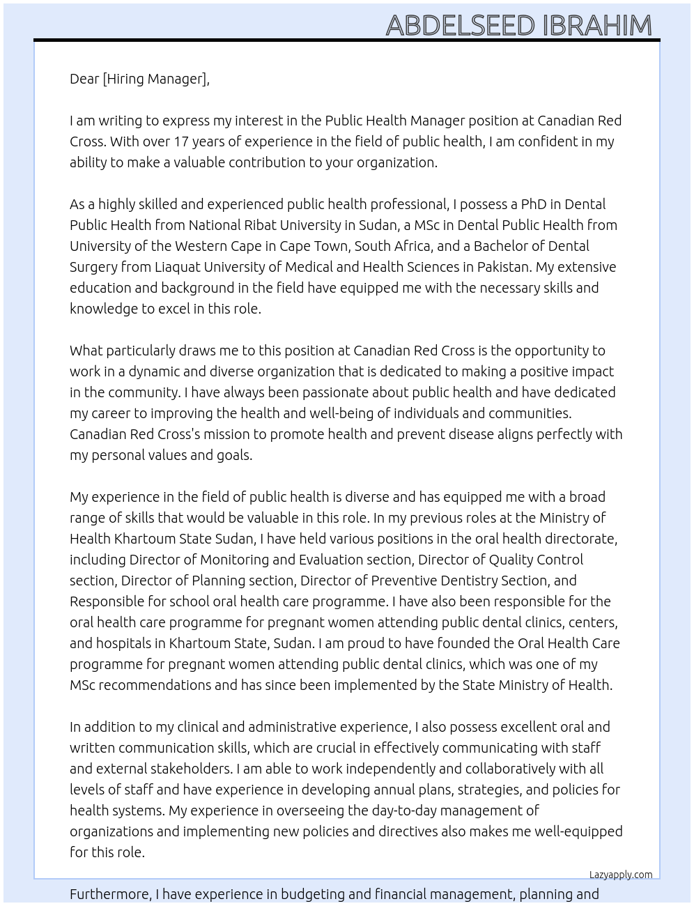 Public Health Manager At Canadian Red Cross  Cover Letter