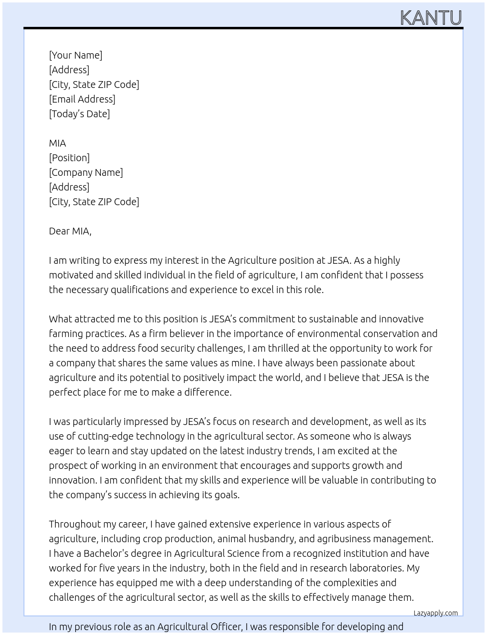 AGRICULTURE At JESA Cover Letter