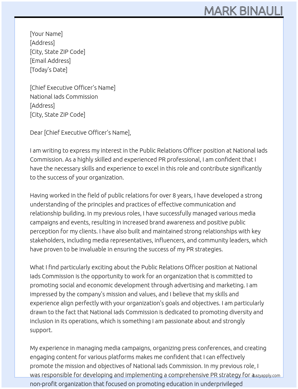 public relations officer At National Iads Commission Cover Letter
