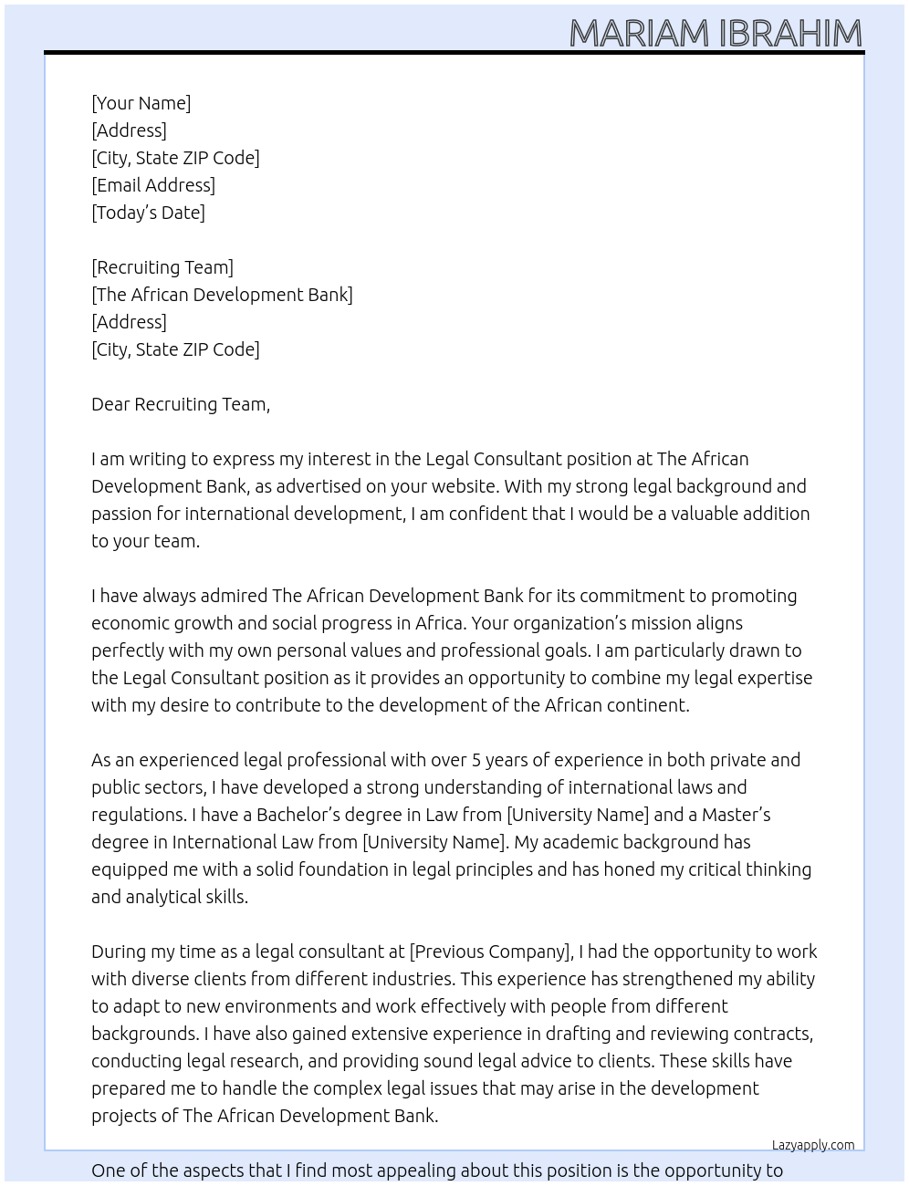Legal Consultant At The African Development Bank Cover Letter