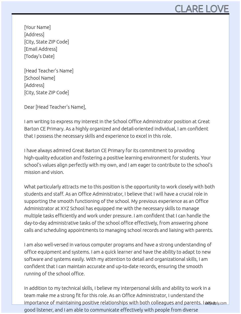 School office administrator  At Great Barton CE Primary Cover Letter