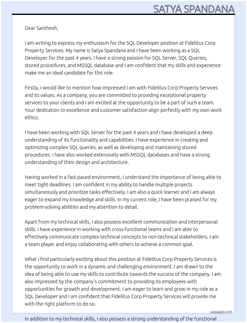 SQL DEVELOPER At Fidelitus Corp Property Services Cover Letter