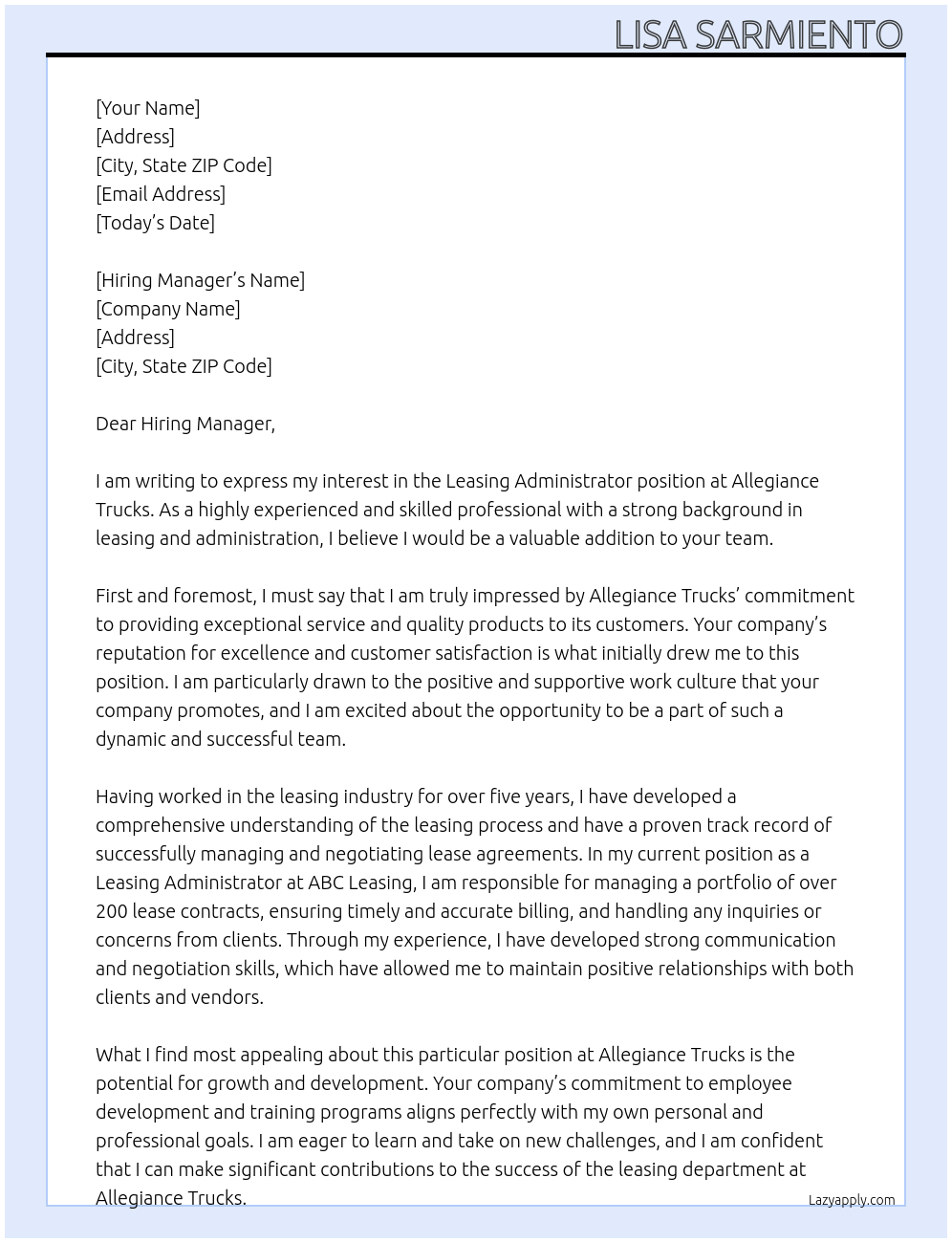 Leasing Administrator At Allegiance Trucks Cover Letter