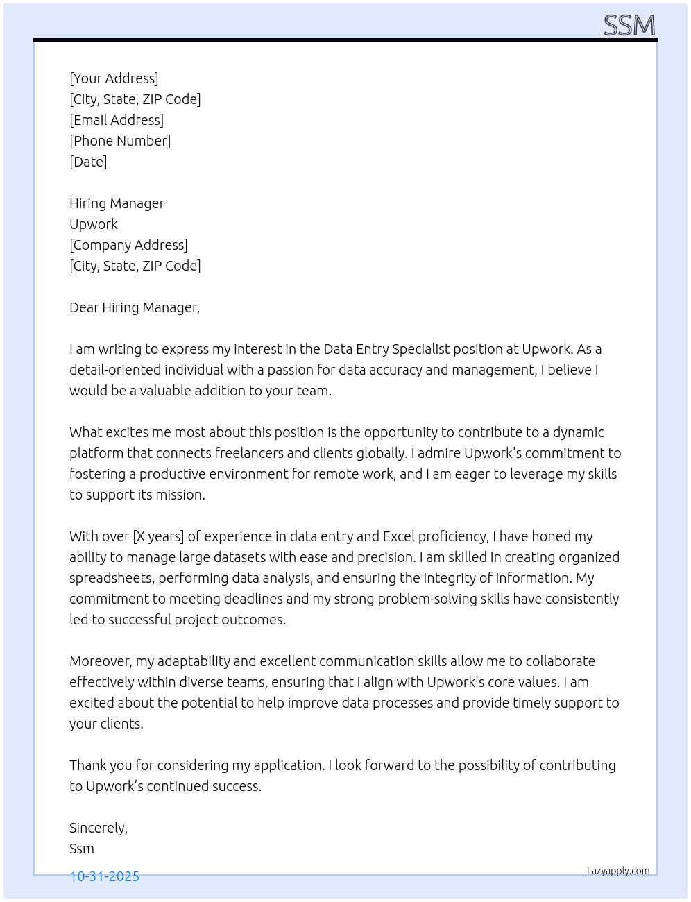 data entry specialist for excel At upwork Cover Letter