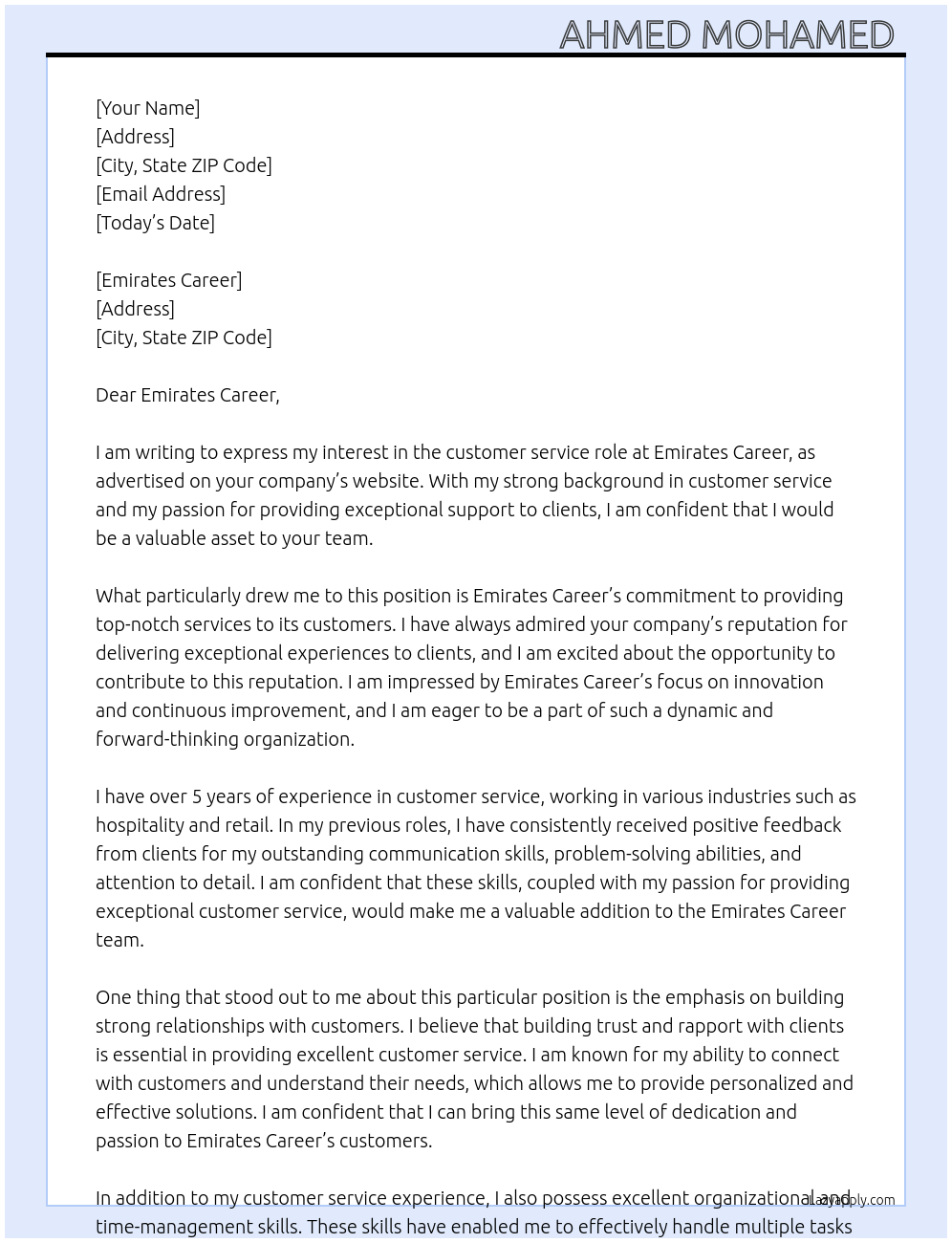 customer service role At Emirates Career Cover Letter