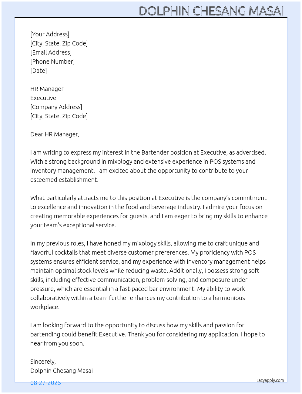 Bartender At Executive Cover Letter