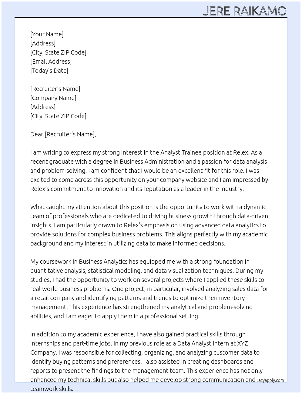 Analyst Trainee At Relex Cover Letter