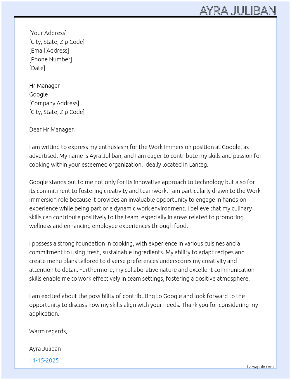 For work immersion  At Google  Cover Letter