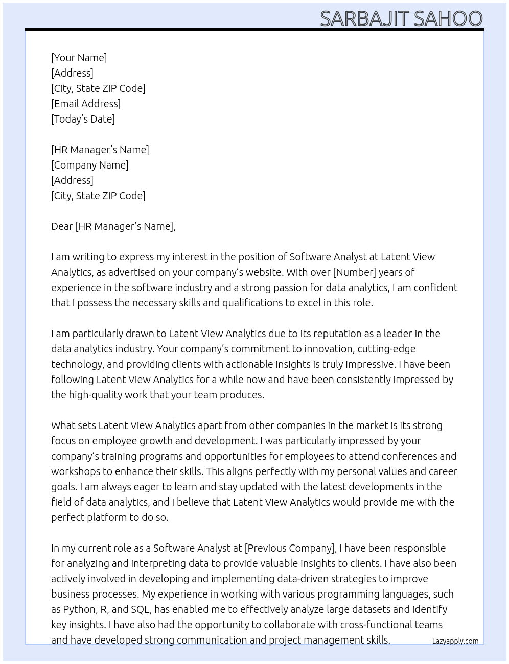 Software analyst At Latent view analytics Cover Letter