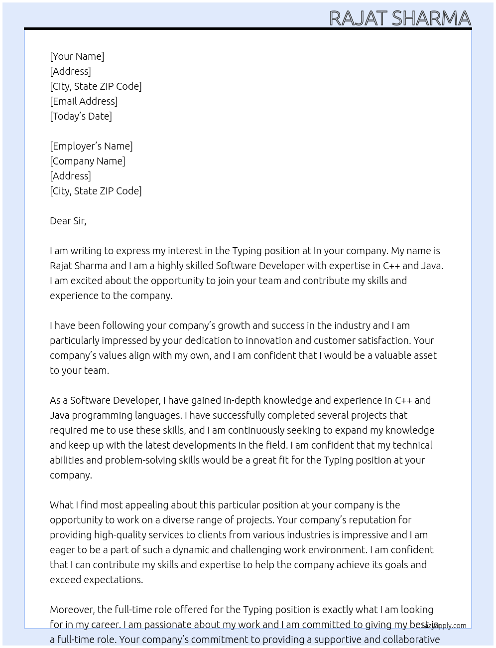 Typing At In your company Cover Letter
