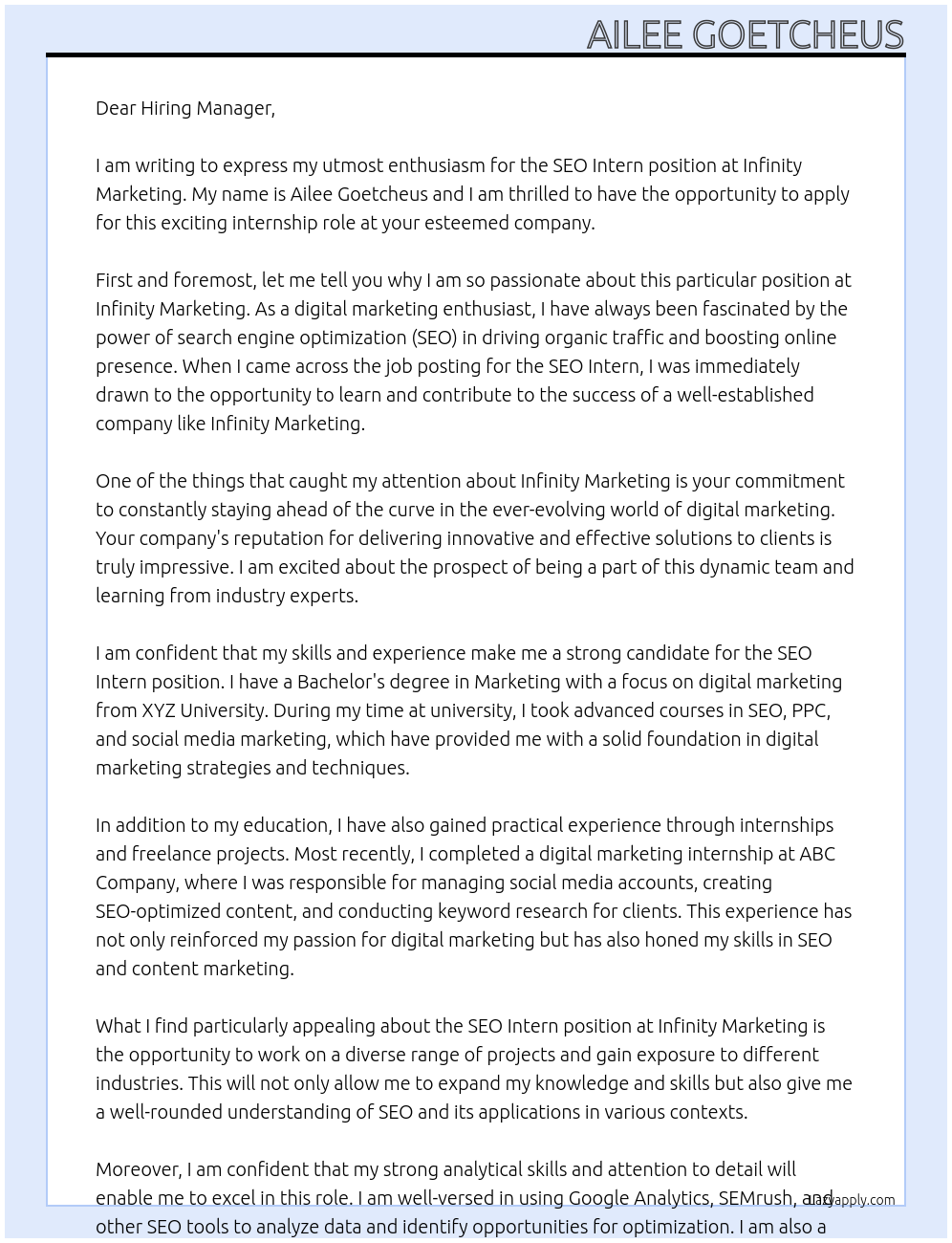 SEO Intern At Infinity Marketing Cover Letter