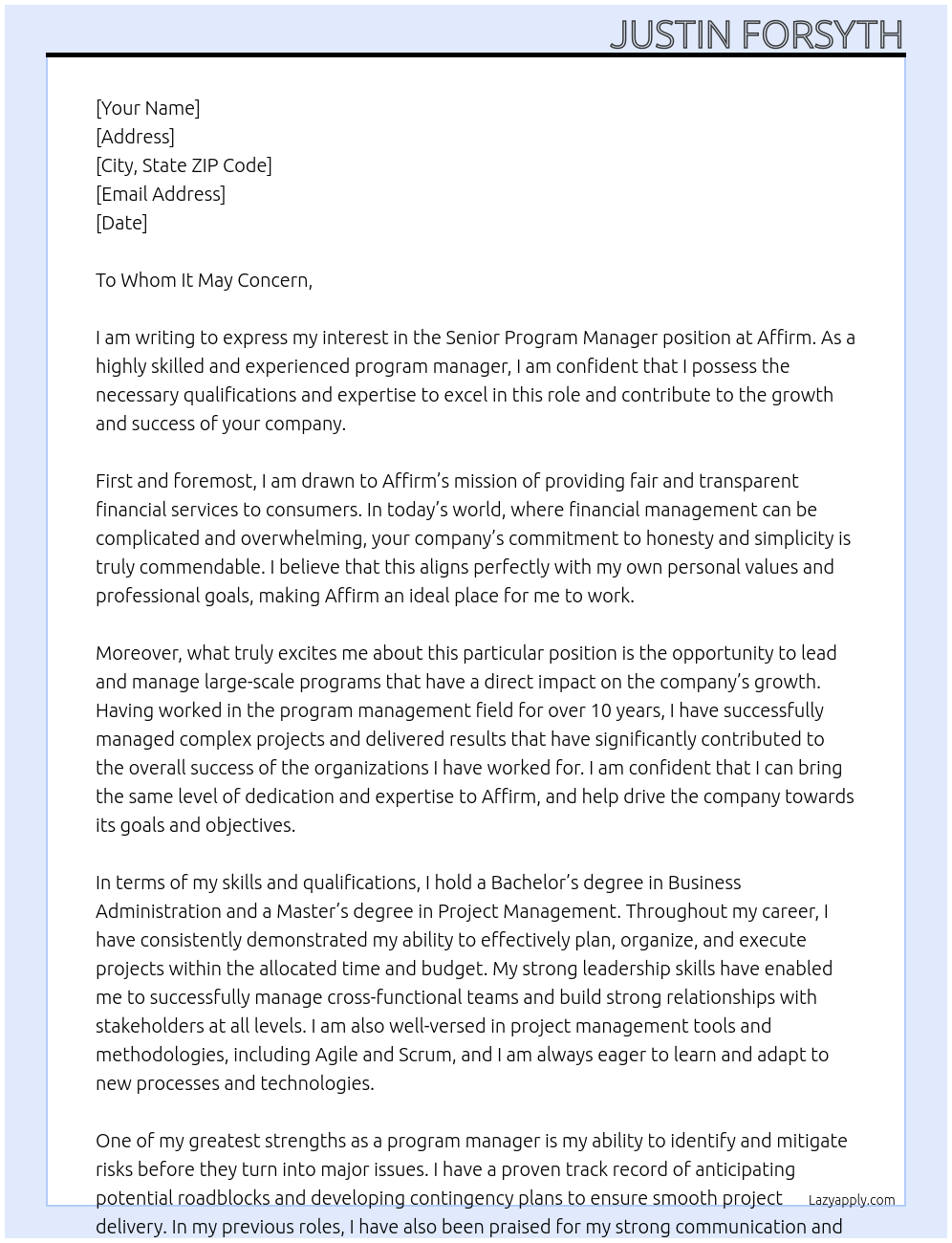 Senior Program Manager At Affirm Cover Letter