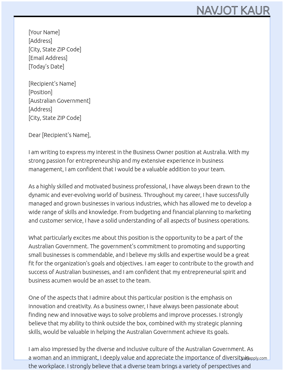 Business owner At Australia  Cover Letter
