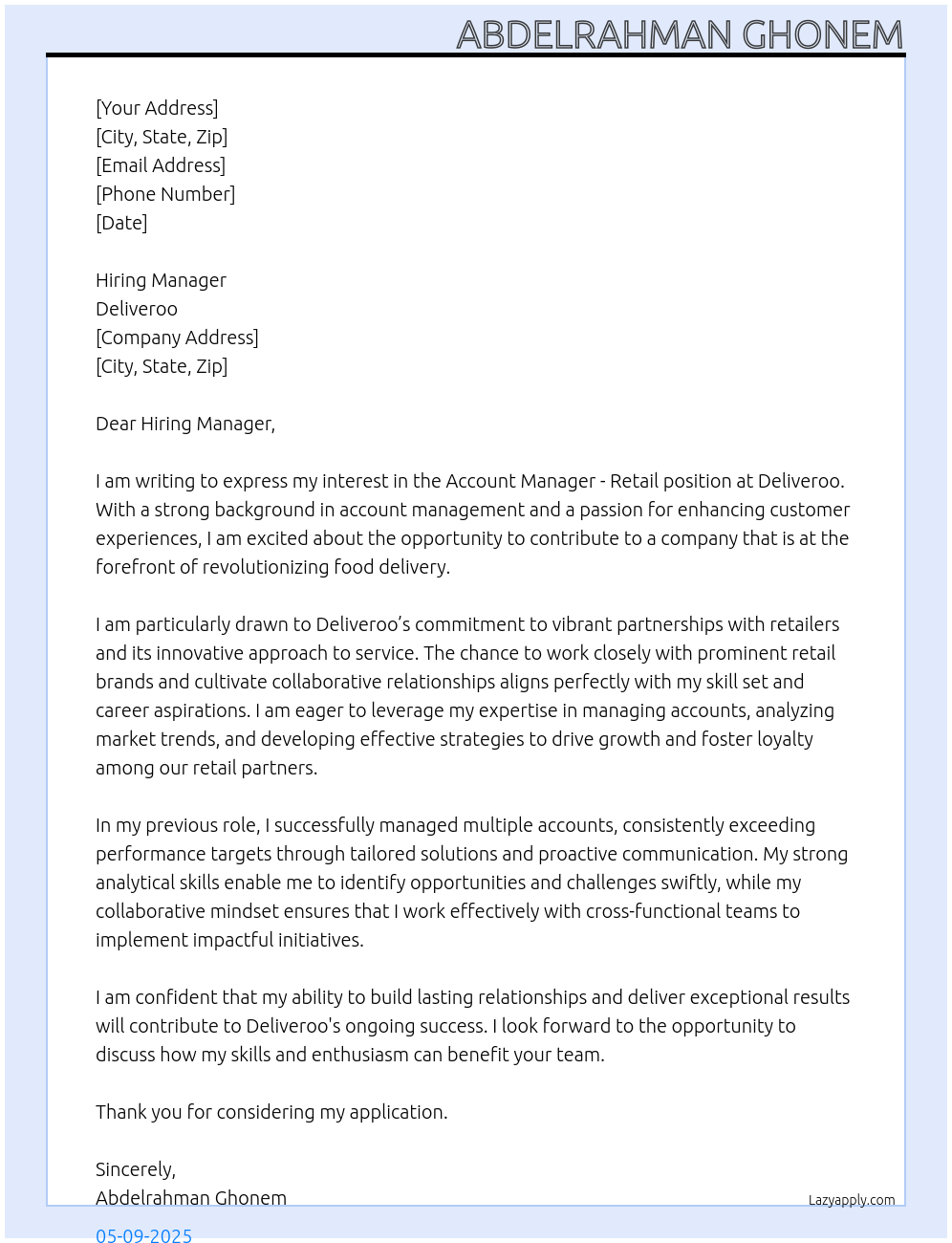 Account Manager - Retail At Deliveroo Cover Letter