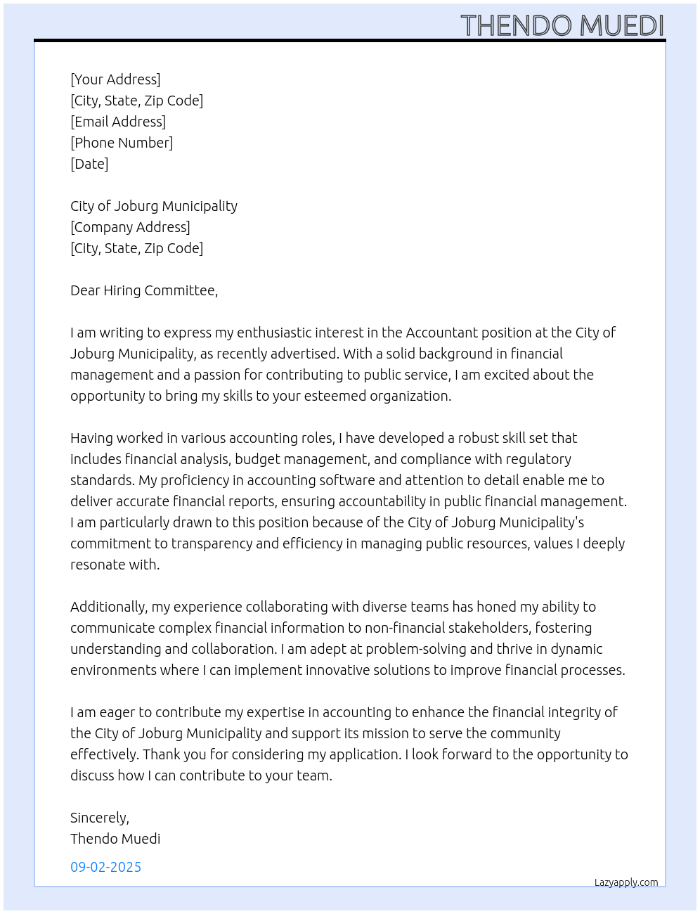 Accountant At City Of Tshwane Municipality Cover Letter