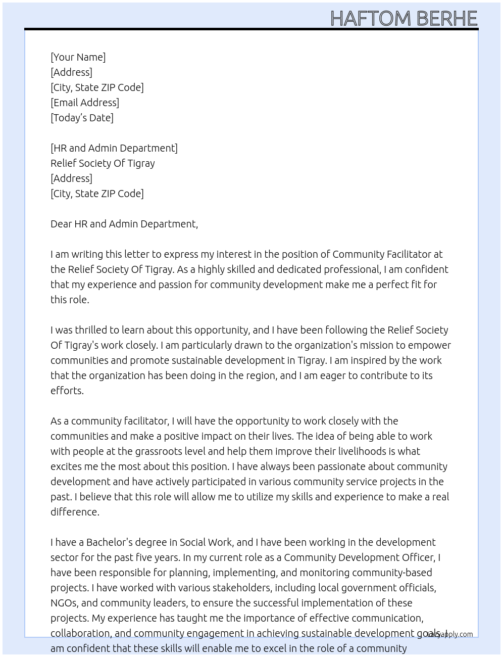 Community  facilitator At Relief Society Of Tigray Cover Letter