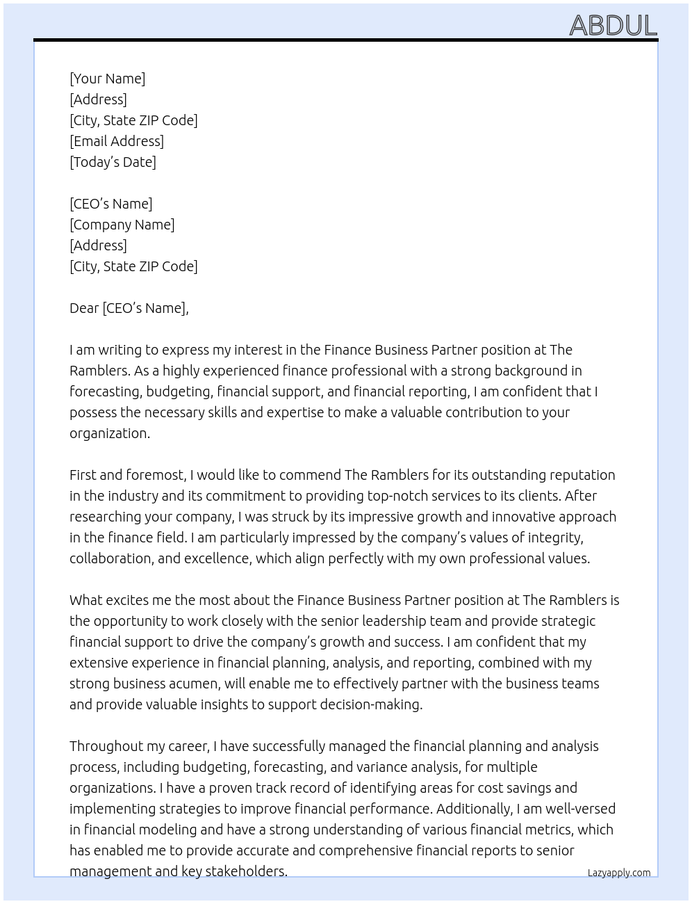 Finance Business Partner At The Ramblers Cover Letter