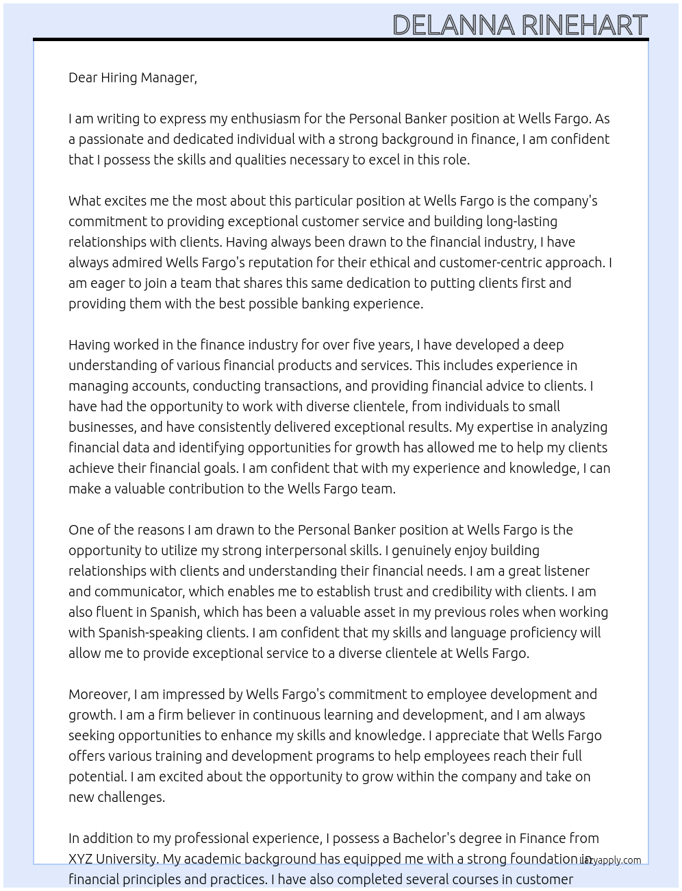 Personal Banker At Wells Fargo Cover Letter