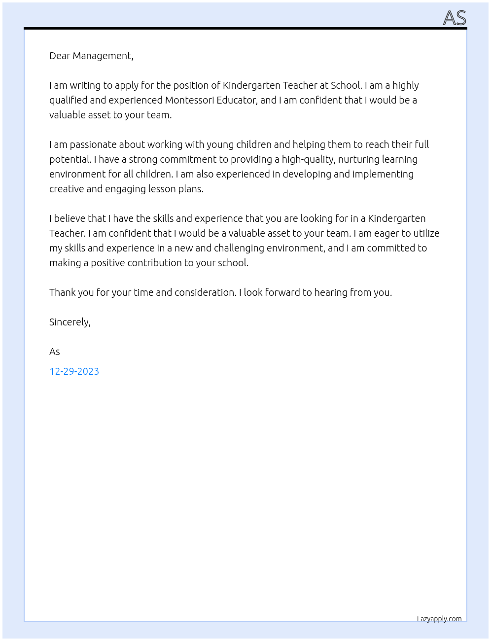 Kindergarten Teacher At School Cover Letter