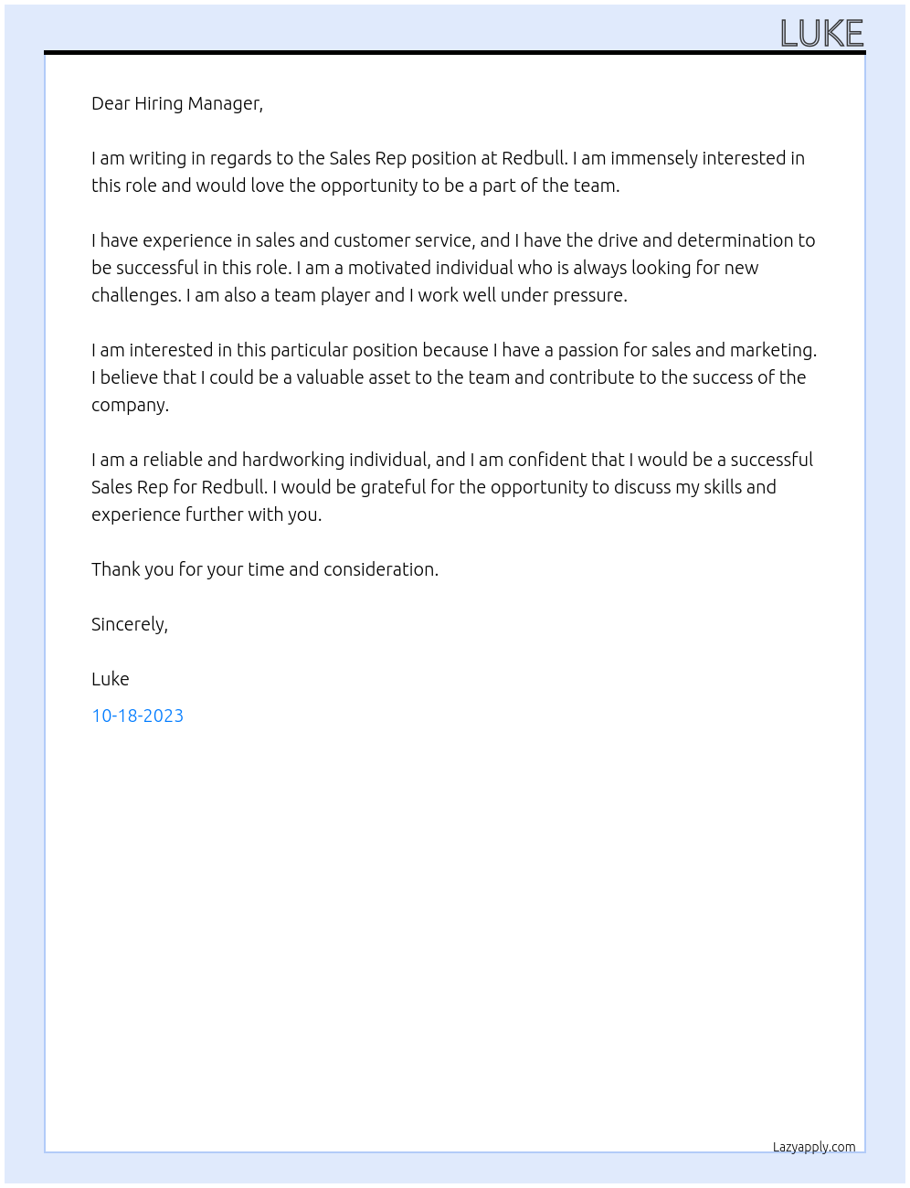 Sales rep At Redbull Cover Letter