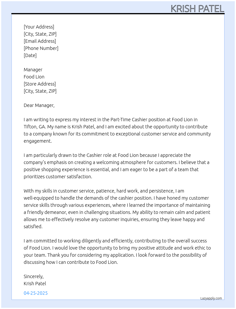 Cover letter for food lion cashier - LazyApply