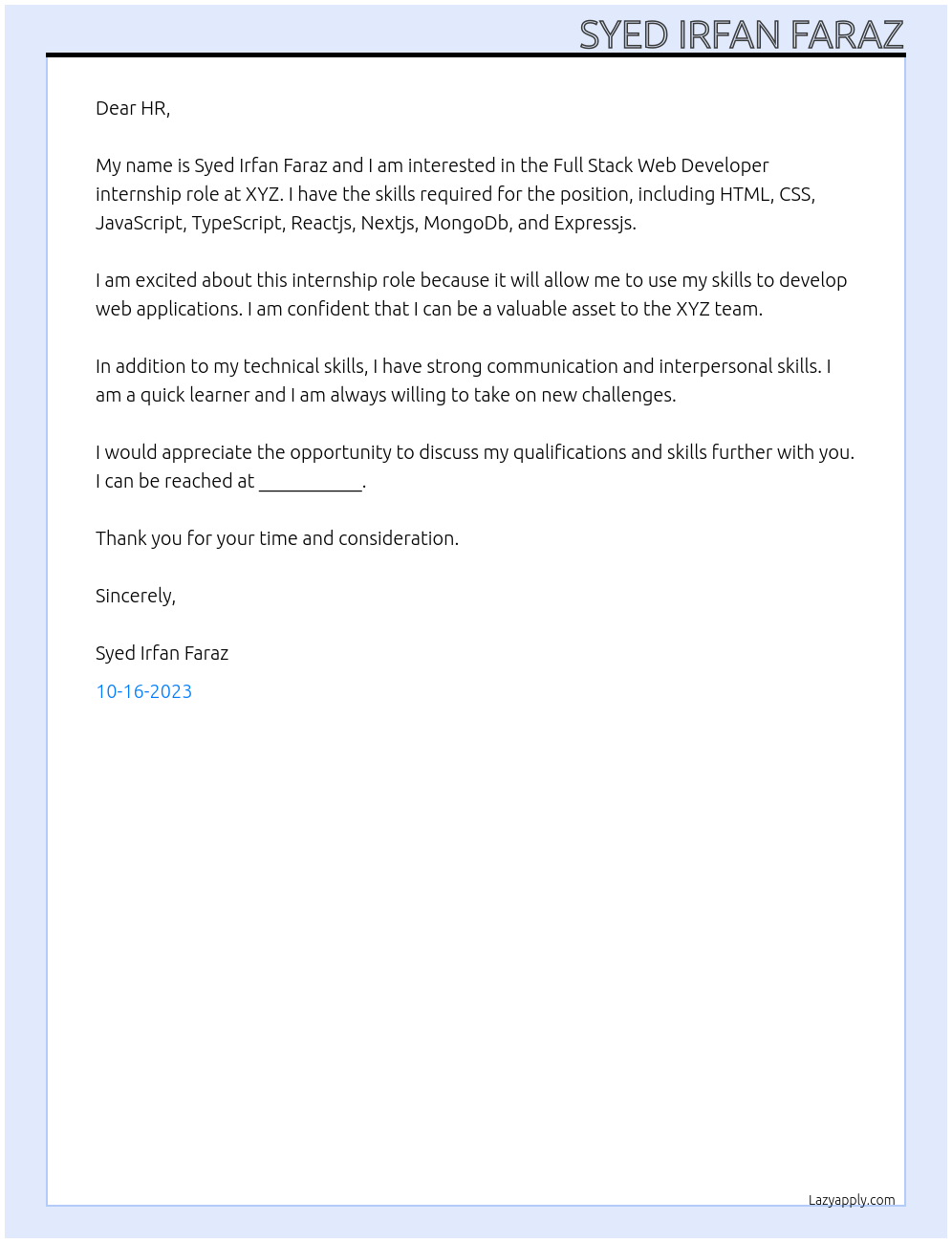 Full Stack Web developer At xyz Cover Letter
