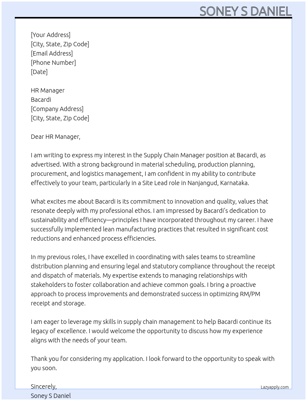 Supply Chain Manager At Bacardi Cover Letter